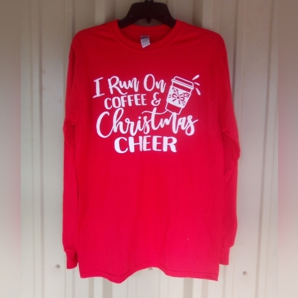 Women's I Run On Coffee & Christmas Cheer Long Sleeved Red T Shirt Size Medium - Picture 1 of 2